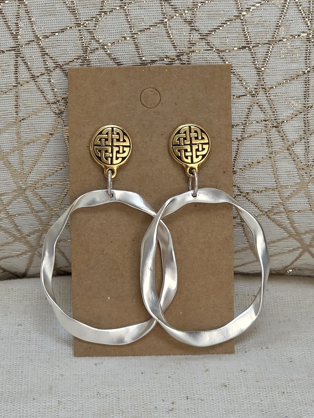 Gold & Silver Mixed Metal Twisted Oval Hoop Drop Earrings